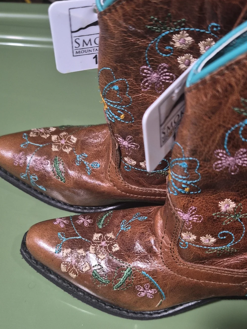 Embroidered Brown Cowboy Boots with Turquoise Trim